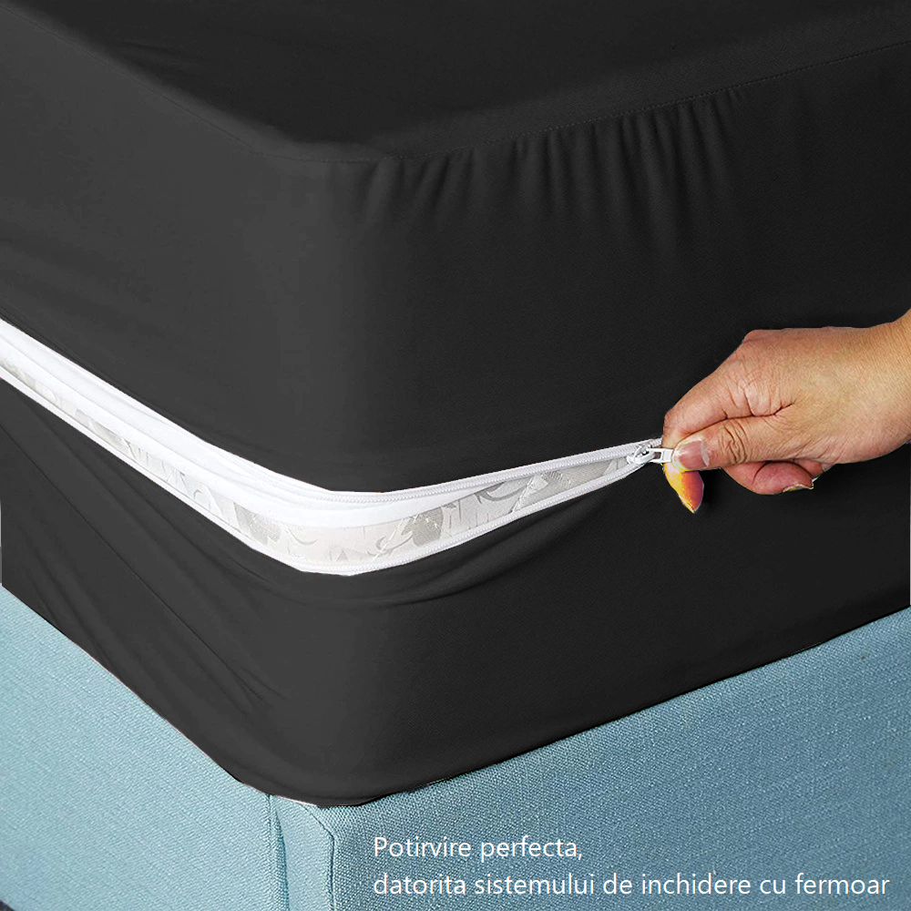 Husa cu fermoar pentru saltea din bumbac 100% natural, de culoare negru uni - MetruPatrat.ro