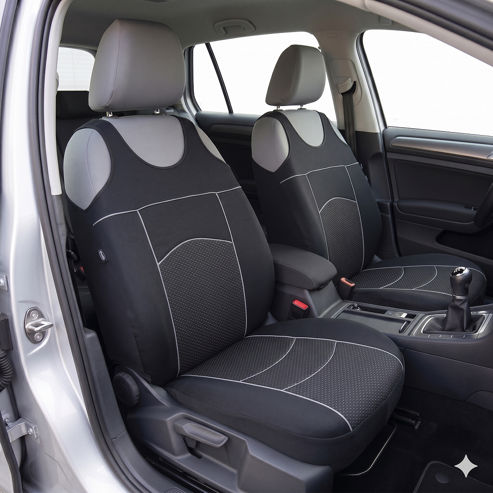 Set 2 huse auto Universale tip maieu, Tuning, din textil tapiterie, Negru-Gri