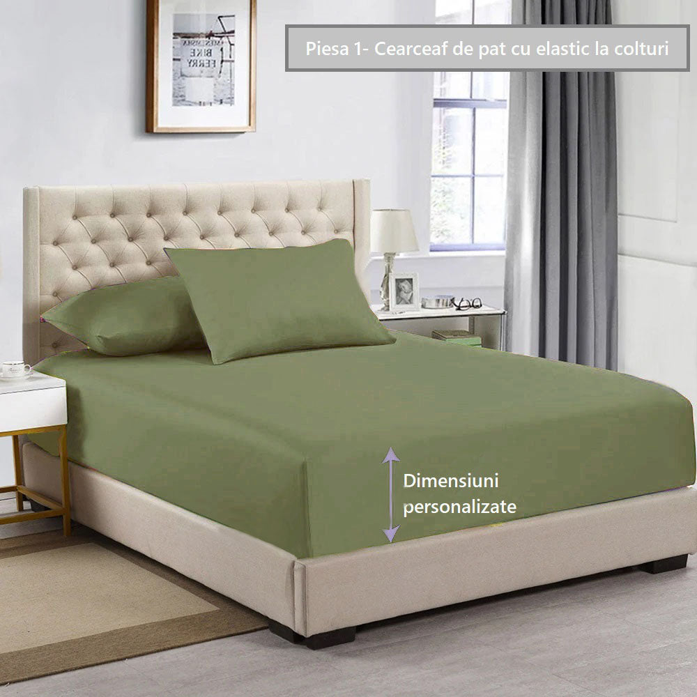 Cearceaf de pat cu elastic, bumbac natural 100%, verde armi - MetruPatrat.ro