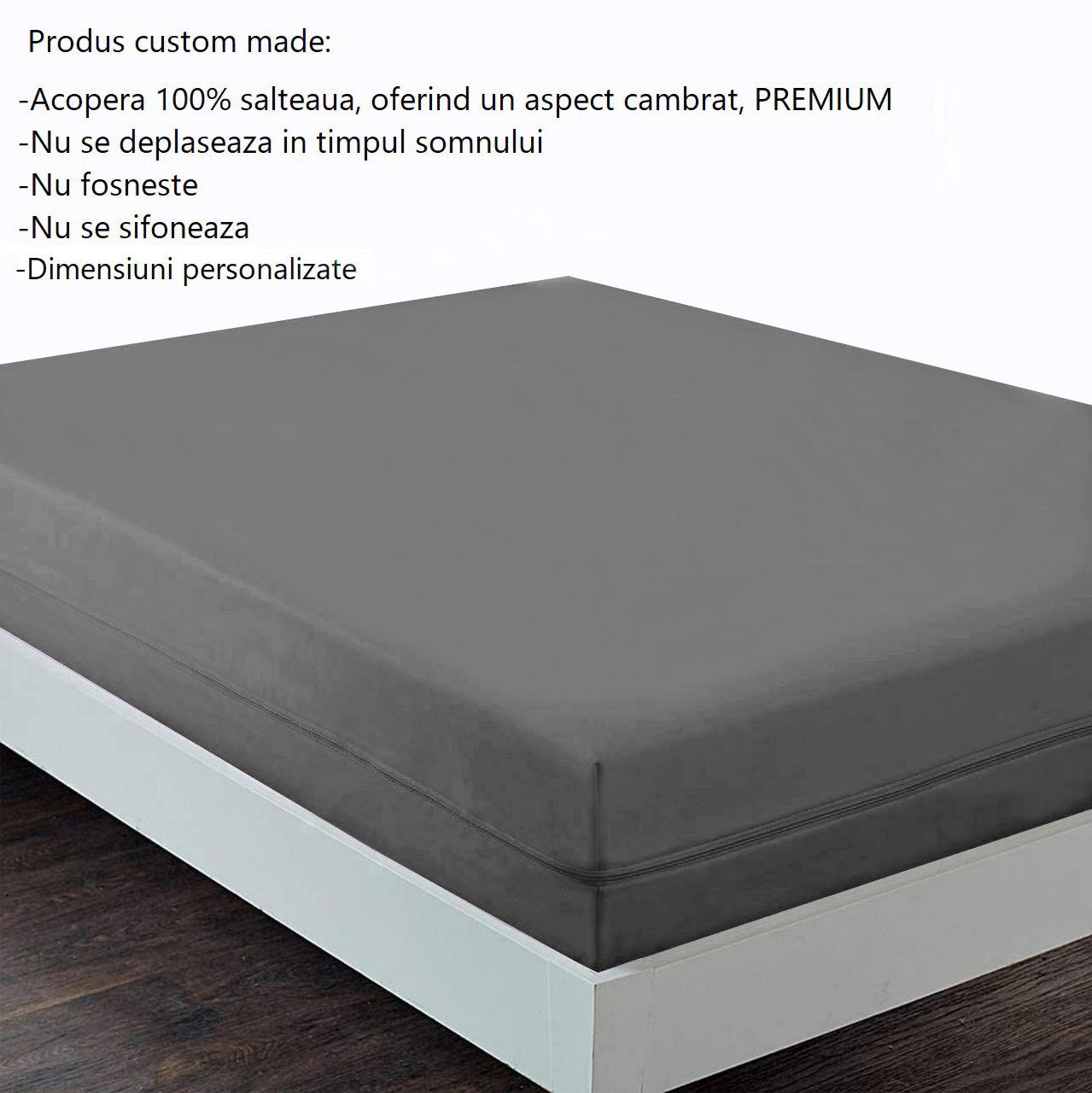 Husa cu fermoar pentru saltea din bumbac 100% natural, de culoare gri uni - MetruPatrat.ro