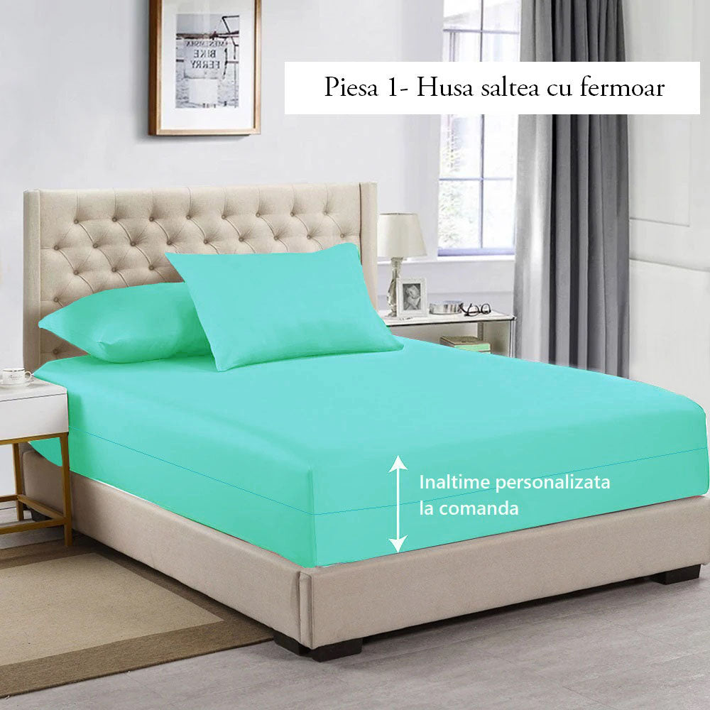 Husa cu fermoar pentru saltea din bumbac 100% natural, de culoare turcoaz