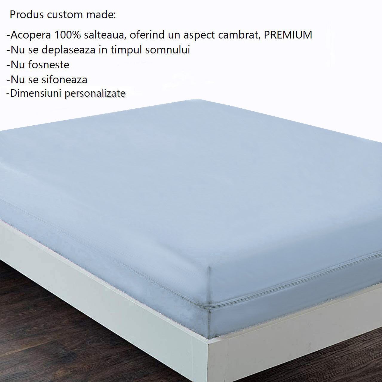 Husa cu fermoar pentru saltea din bumbac 100% natural, de culoare albastru deschis uni - MetruPatrat.ro
