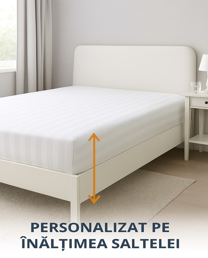 Cearceaf cu Elastic din Damasc Premium, Alb Imaculat, Dungi Late, Bumbac 100%, Grosime 180 grame/m², Metru Patrat - MetruPatrat.ro