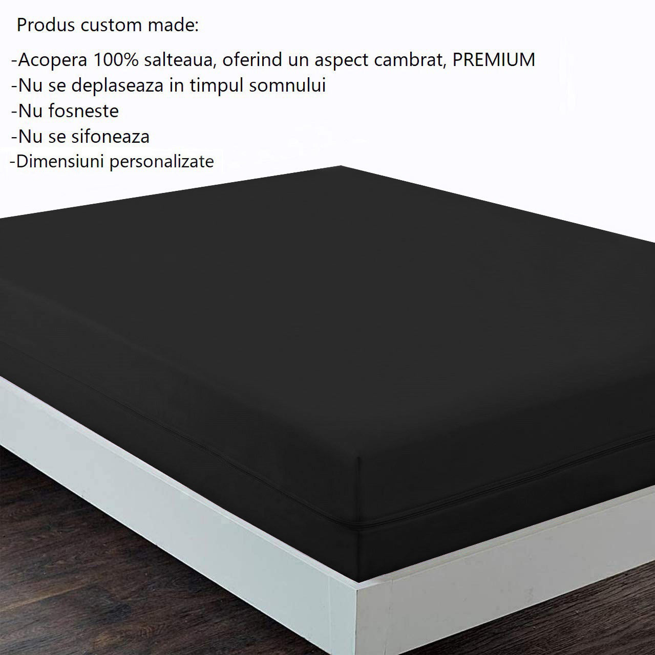 Husa cu fermoar pentru saltea din bumbac 100% natural, de culoare negru uni - MetruPatrat.ro