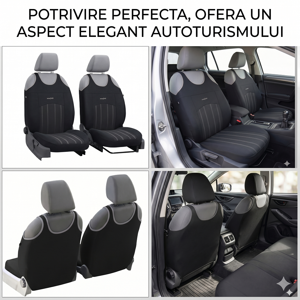 Set 2 huse auto Universale tip maieu, Confort, din textil tapiterie, Negru-Gri