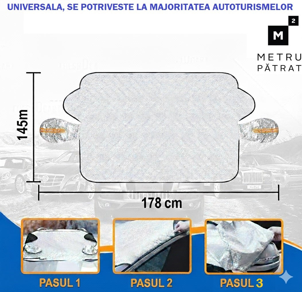Protectie Iarna pentru parbriz si oglinzi laterale, matlasata, Anti-Inghet, Iarna-Vara, 145x178 cm, fixare cu magneti in partea de jos si prindere cu usile laterale, Metru Patrat - MetruPatrat.ro