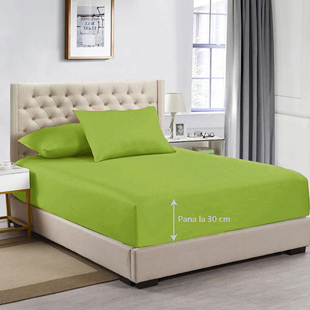 Cearceaf de pat cu elastic, bumbac natural 100%, verde mat - MetruPatrat.ro