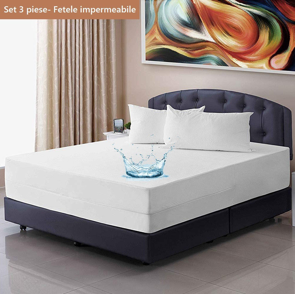 Set 3 piese, husa de protectie saltea si huse perne cu fermoar, impermeabile si matlasate, Metru Patrat