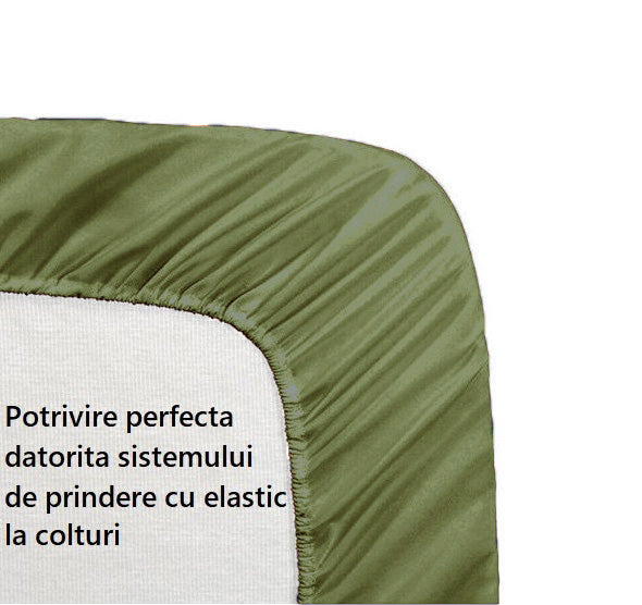 Cearceaf de pat cu elastic, bumbac natural 100%, verde armi - MetruPatrat.ro