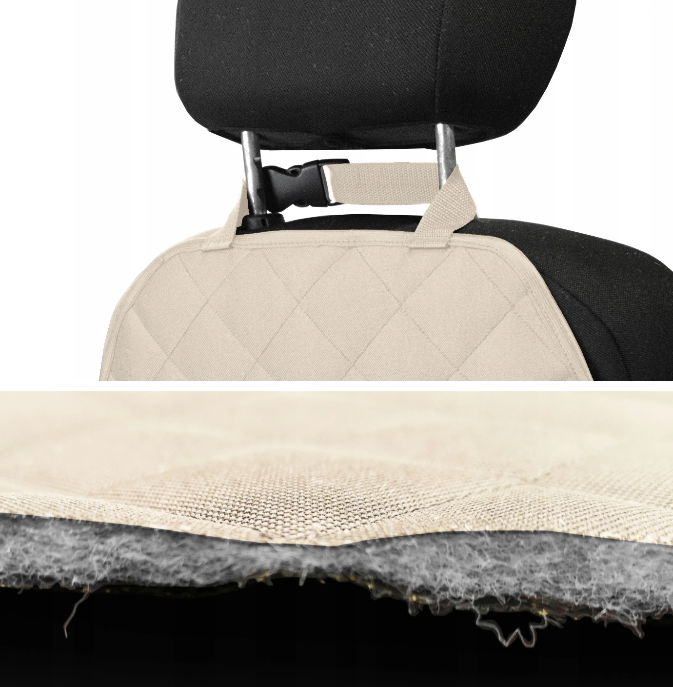 Set 2 huse de protectie scaune auto, universale - protectie spatar scaun fata matlasata si protectie matlasata pentru scaun auto, scoica bebe, crem