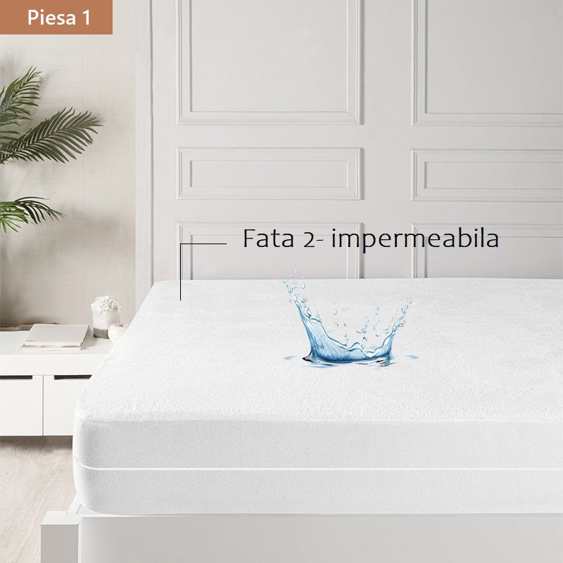 Set 2 piese impermeabile, compus din husa de protectie impermeabila cu fermoar + 1 husa impermeabila pentru perna