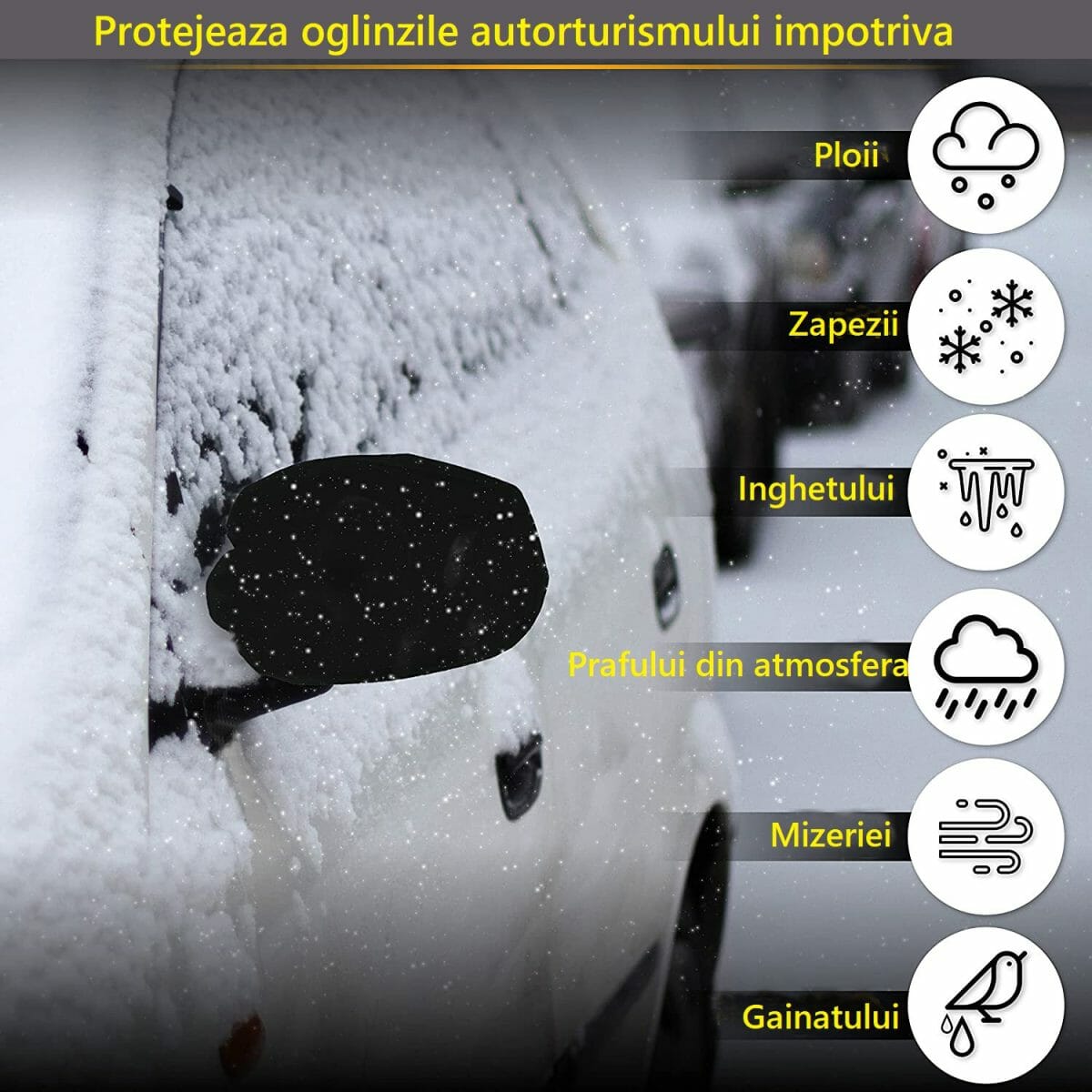 Set 3 protectii auto iarna, pentru autoturisme, universale, husa parbriz 195 x 80 cm, huse oglinzi laterale si huse stergatoare