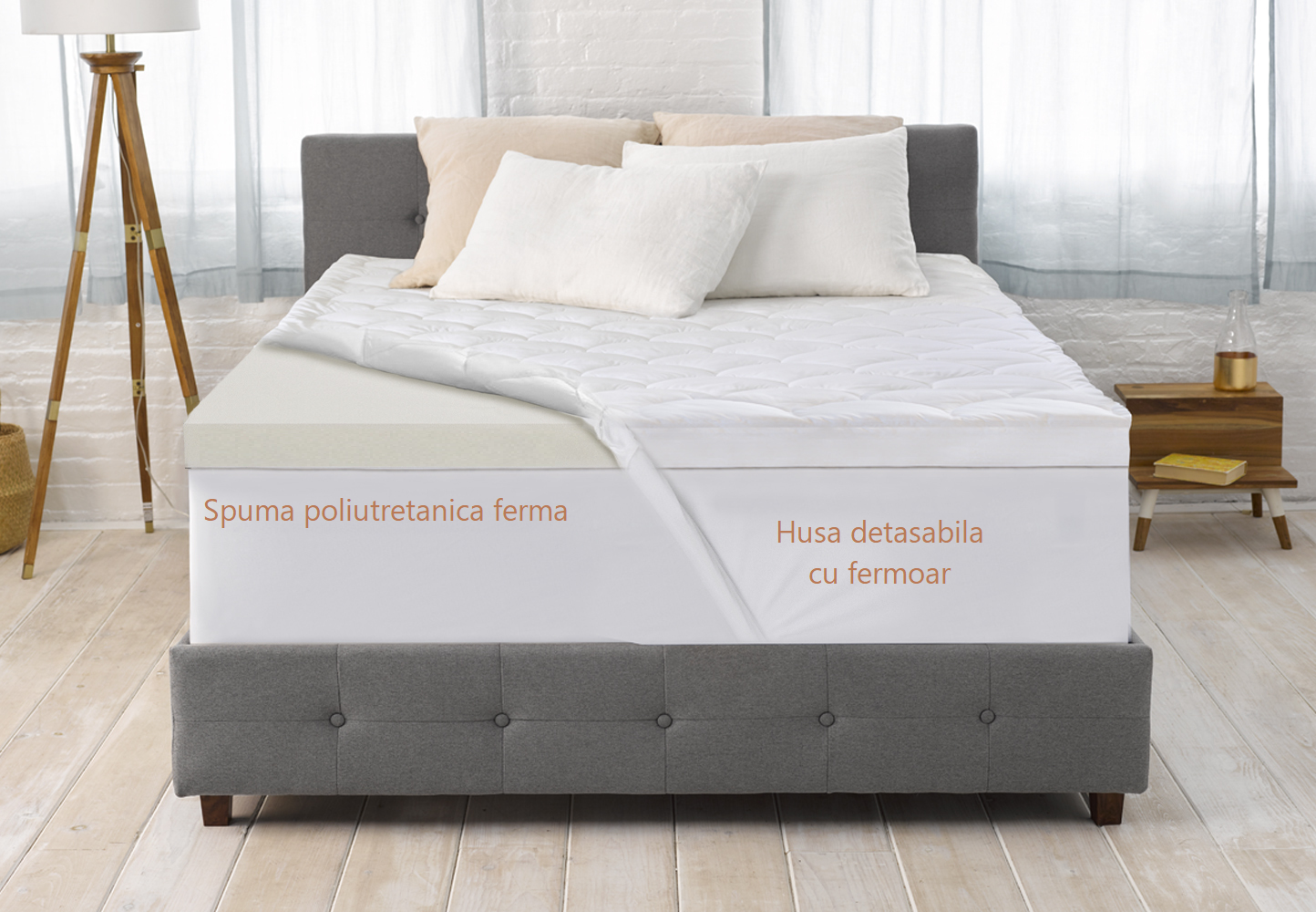 Husa cu fermoar pentru saltea, material alb matlasat certificat OEKO-TEX® STANDARD 100, Lavabila, Detasabila, Metru Patrat - MetruPatrat.ro
