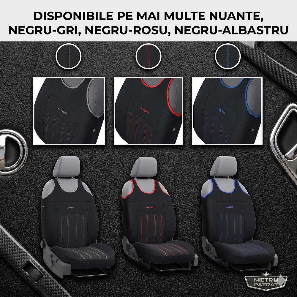 Set 2 huse auto Universale tip maieu, Confort, din textil tapiterie, Negru-Rosu