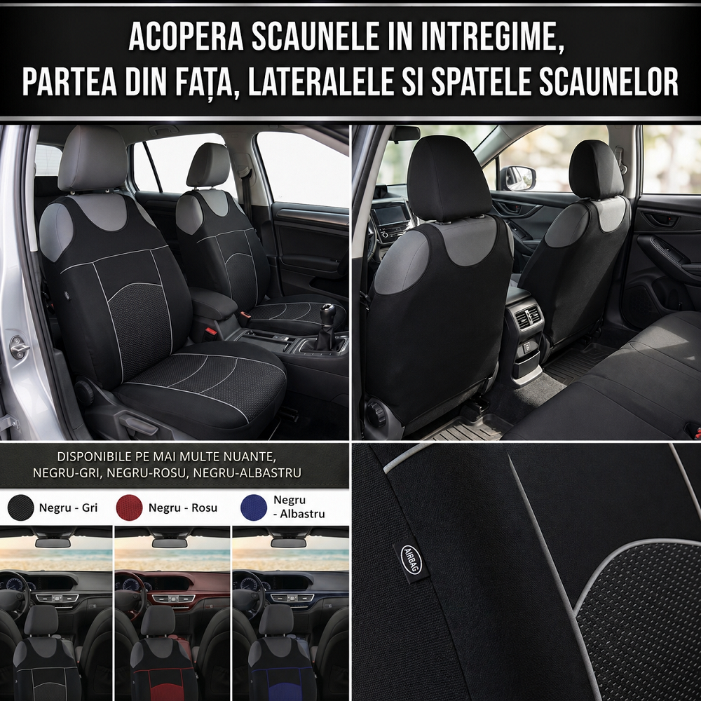 Set 2 huse auto Universale tip maieu, Tuning, din textil tapiterie, Negru-Rosu