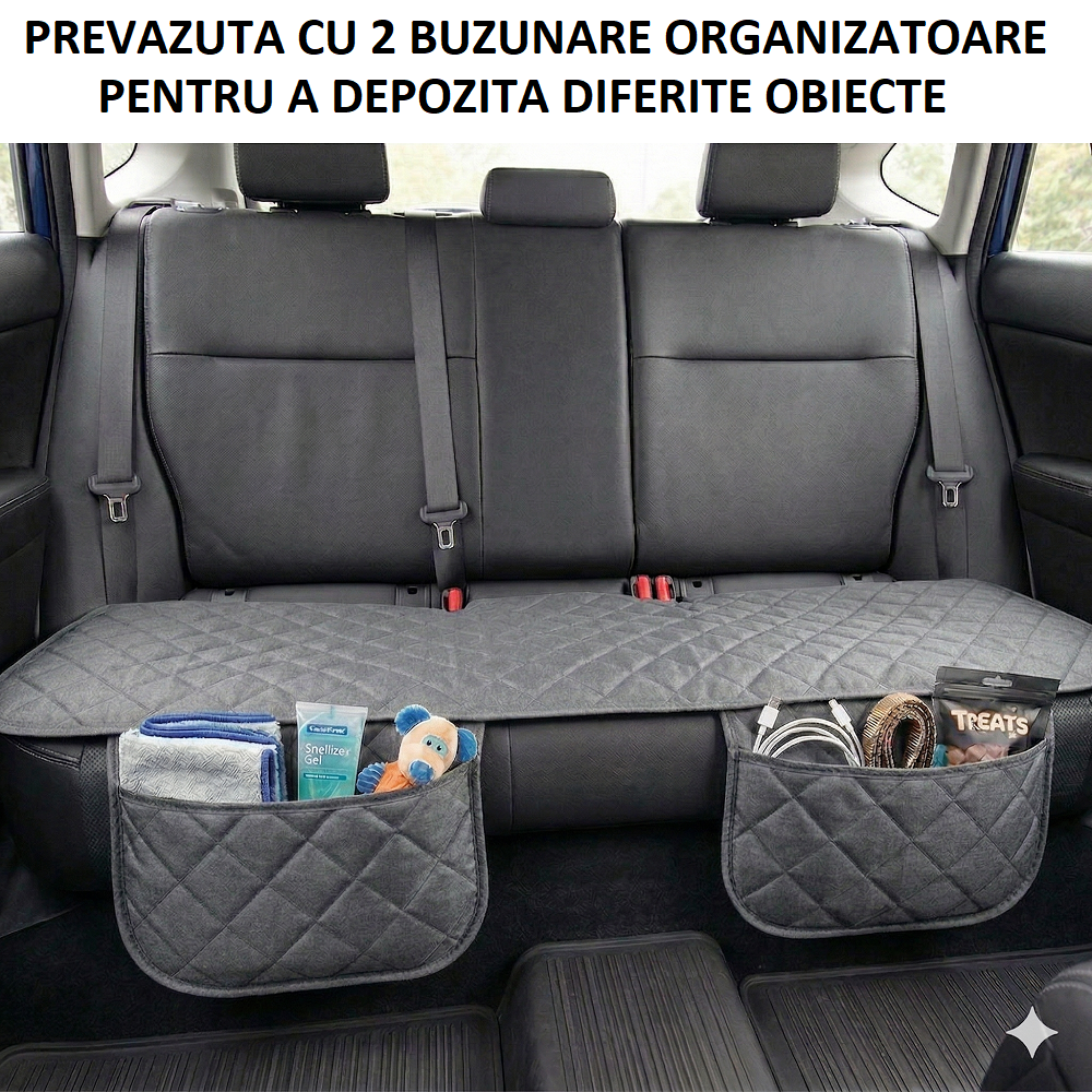 Protectie auto matlasata pentru sezut bancheta, cu 2 buzunare organizatoare, gri, impermeabila, lavabila