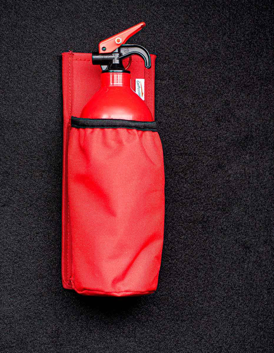 Husa pentru stingator auto matlasata, negru rosu, cu banda velcro pentru fixare usoara, universala