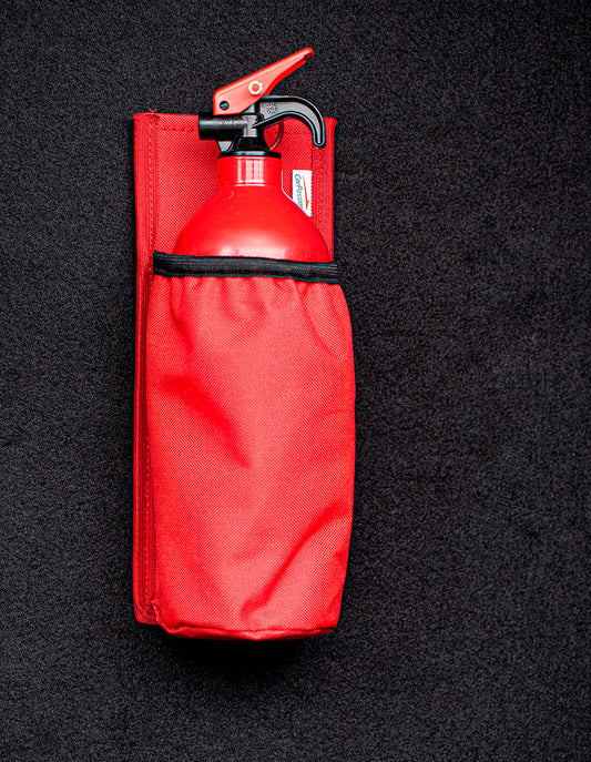 Husa pentru stingator auto matlasata, negru rosu, cu banda velcro pentru fixare usoara, universala