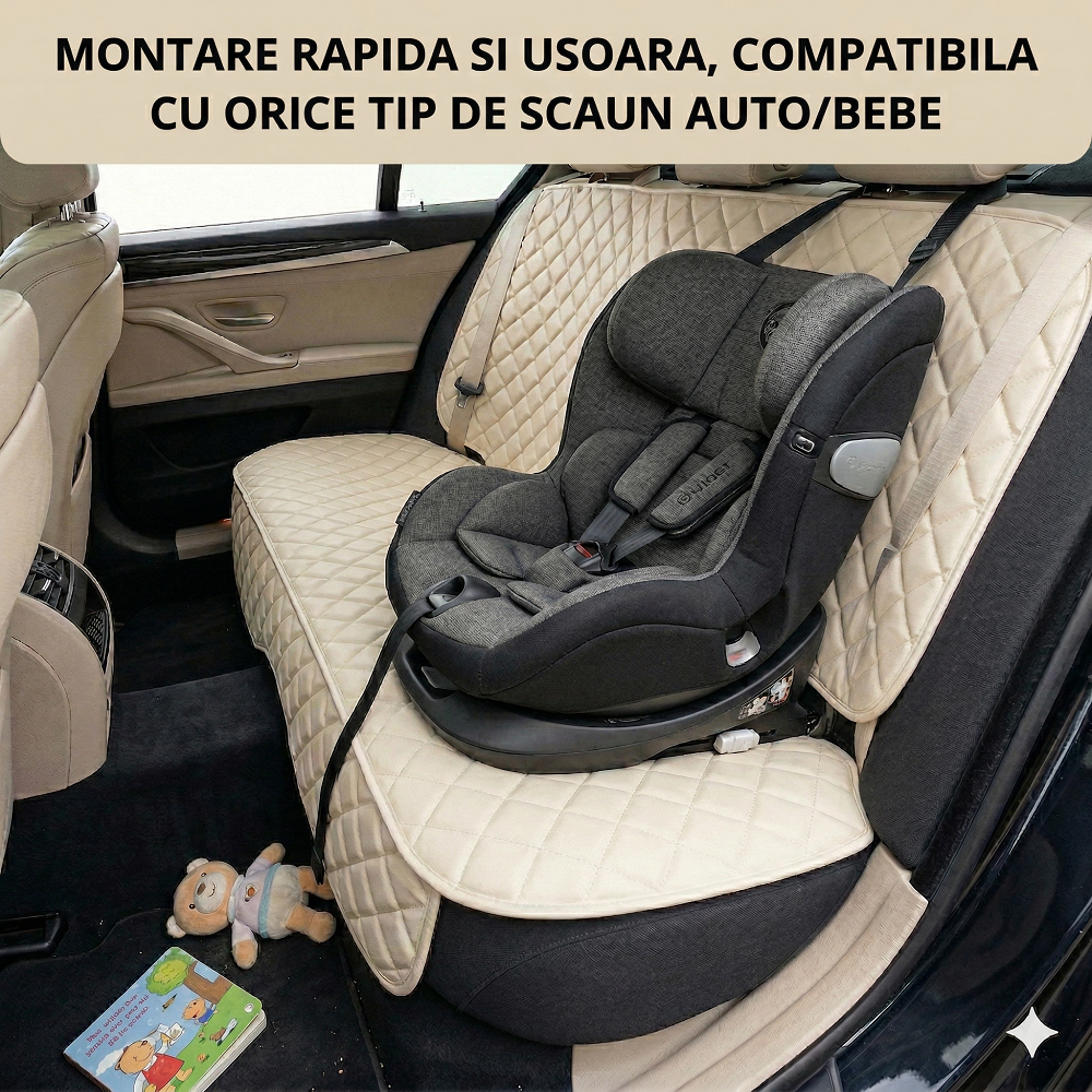 Protectie auto matlasata din piele ecologica, pentru bancheta din spate, crem, impermeabila, lavabila, Metru Patrat 5056