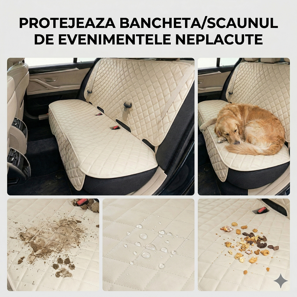 Protectie auto matlasata din piele ecologica, pentru bancheta din spate, crem, impermeabila, lavabila, Metru Patrat 5056