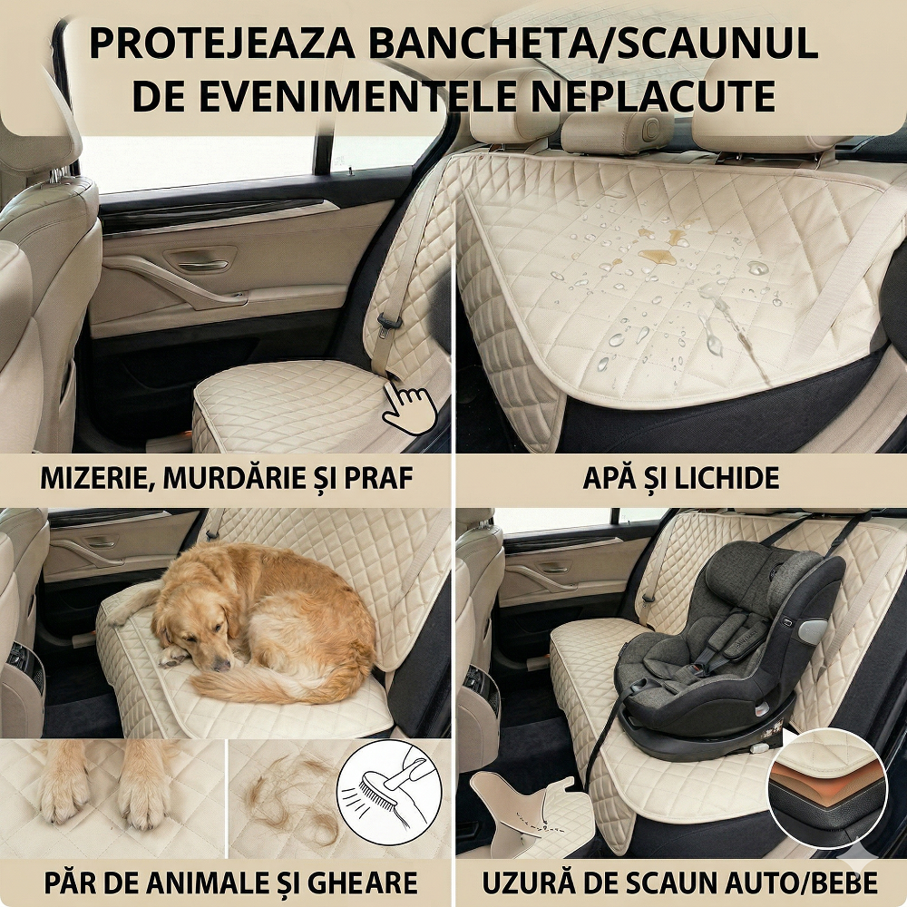 Protectie auto matlasata din piele ecologica, pentru bancheta din spate, crem, impermeabila, lavabila, Metru Patrat 5056