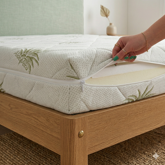 Husa cu fermoar pentru saltea, Tesatura Aloe Vera, material matlasat certificat OEKO-TEX® STANDARD 100, Lavabila, Detasabila, Metru Patrat