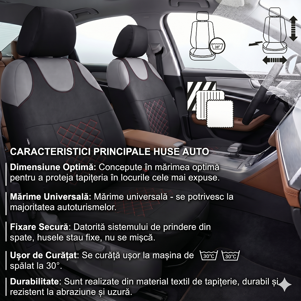Set 2 huse auto tip maieu, din textil tapiterie, Universale, Motiv Romb, Negru-Rosu