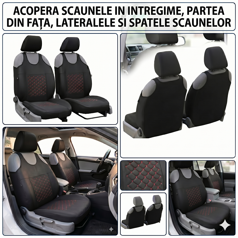 Set 2 huse auto tip maieu, din textil tapiterie, Universale, Motiv Romb, Negru-Rosu