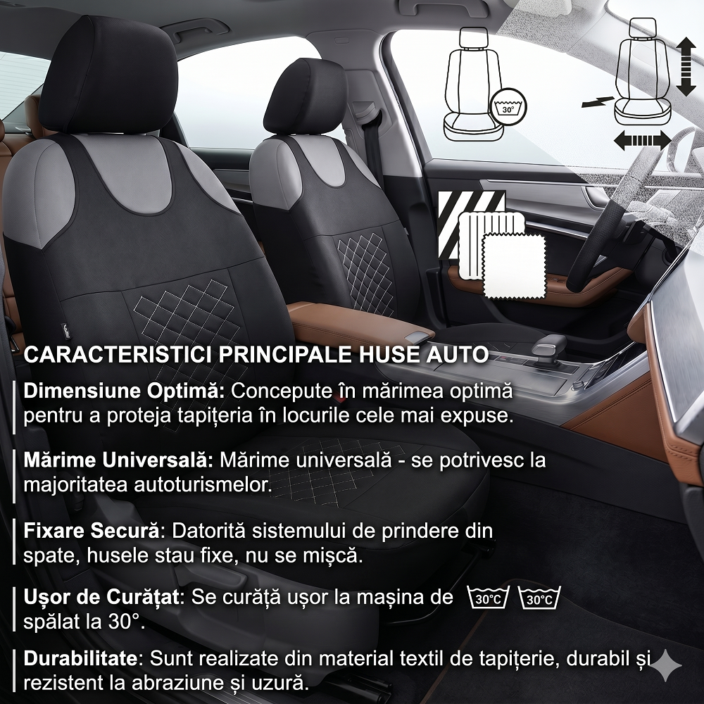 Set 2 huse auto tip maieu, din textil tapiterie, Universale, Motiv Romb, Negru-Gri