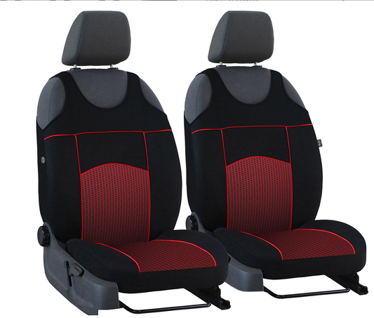 Set 2 huse auto Universale tip maieu, Tuning, din textil tapiterie, Negru-Rosu