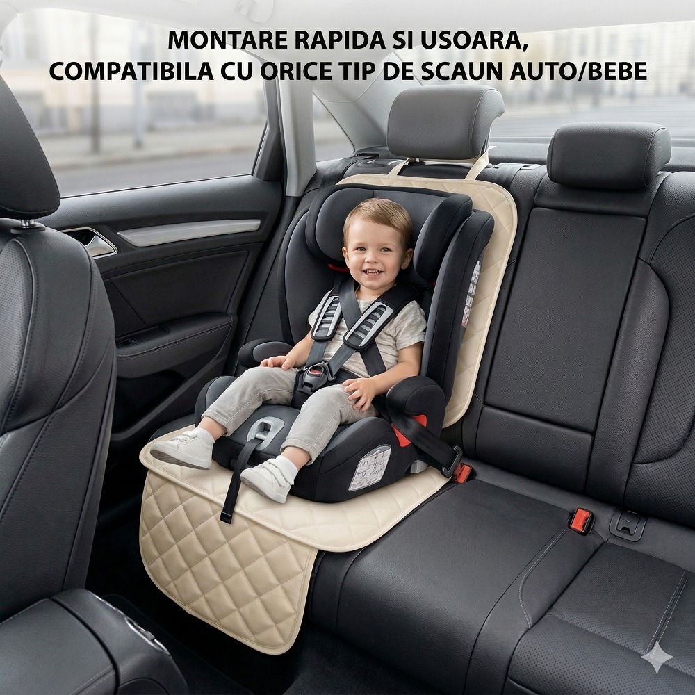 PROTECTIE AUTO,UNIVERSALA,CREM,DIN PIELE ECOLOGICA MATLASATA,PENTRU SCAUN AUTO COPII,SCOICA BEBE,METRU PATRAT