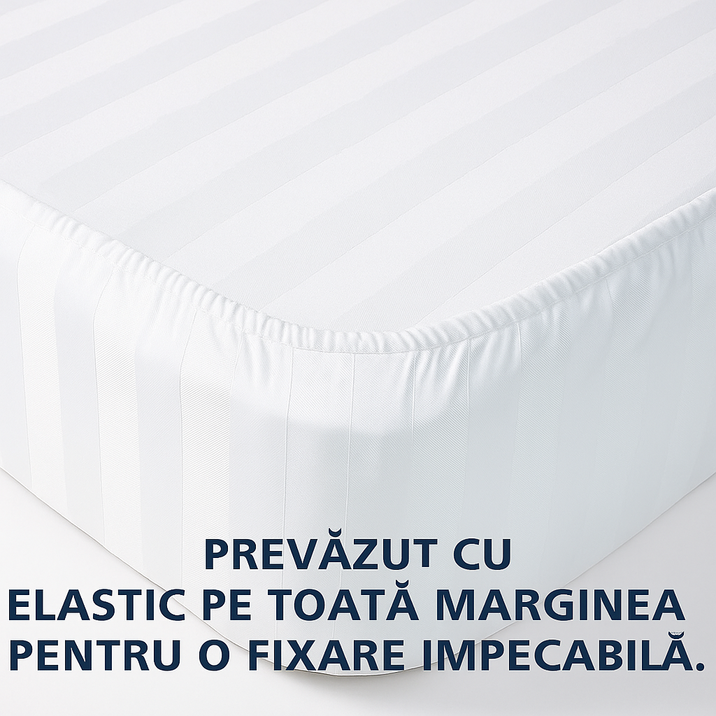 Cearceaf cu Elastic din Damasc Premium, Alb Imaculat, Dungi Late, Bumbac 100%, Grosime 180 grame/m², Metru Patrat - MetruPatrat.ro