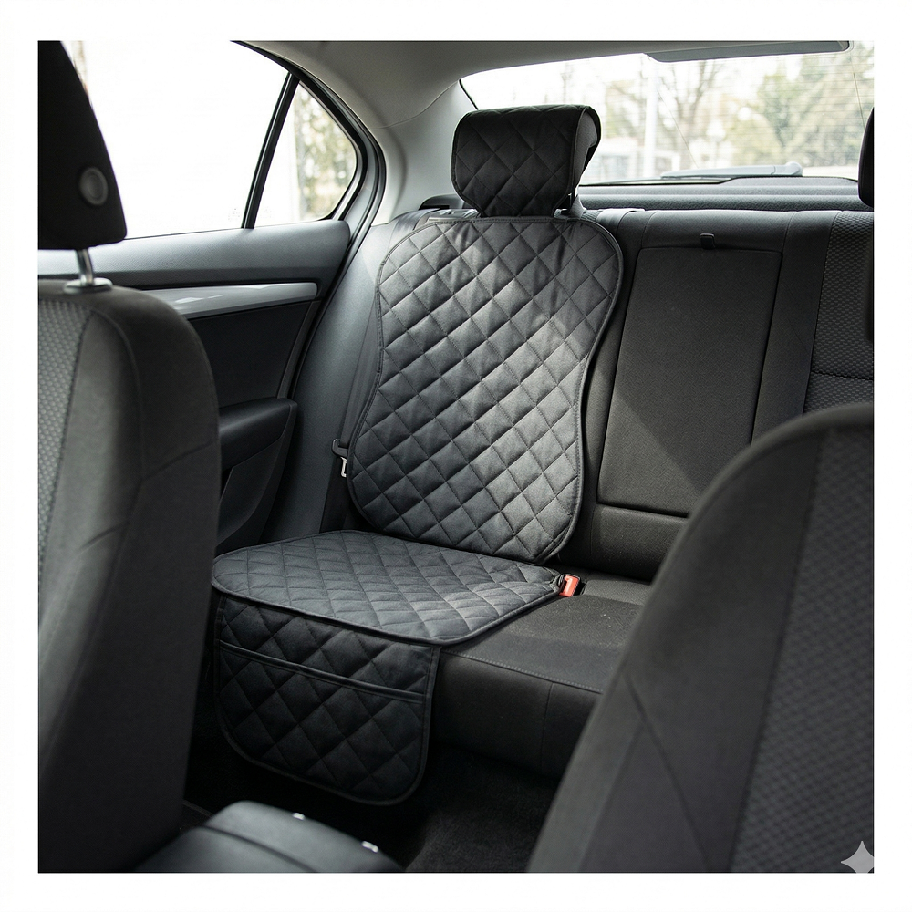 Protectie scaun auto matlasata, cu buzunar organizator si husa tetiera, neagra