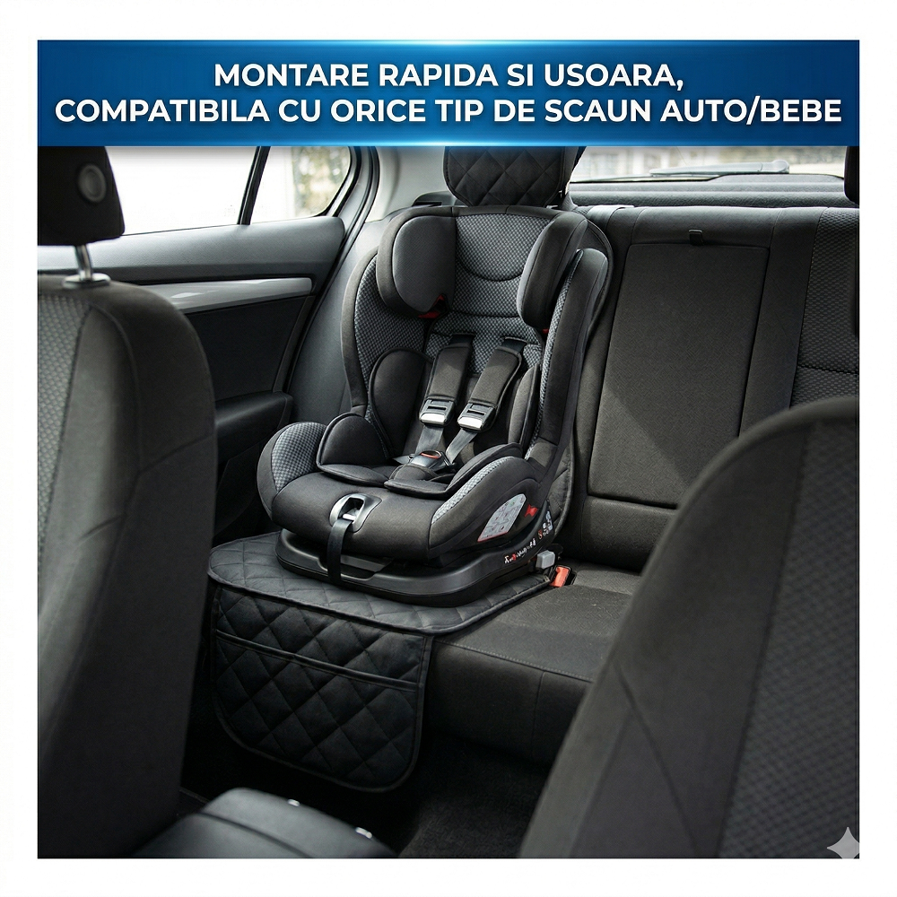 Protectie scaun auto matlasata, cu buzunar organizator si husa tetiera, neagra