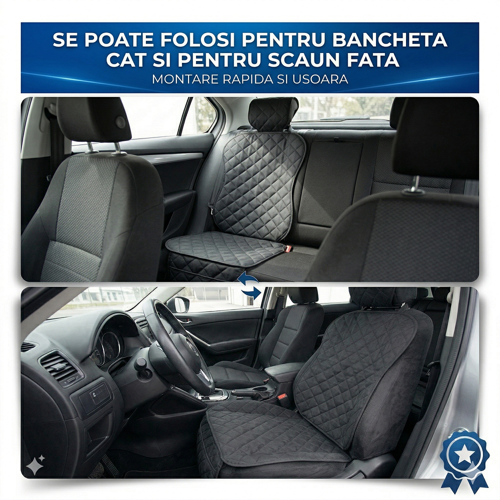 Protectie scaun auto matlasata, cu buzunar organizator si husa tetiera, neagra