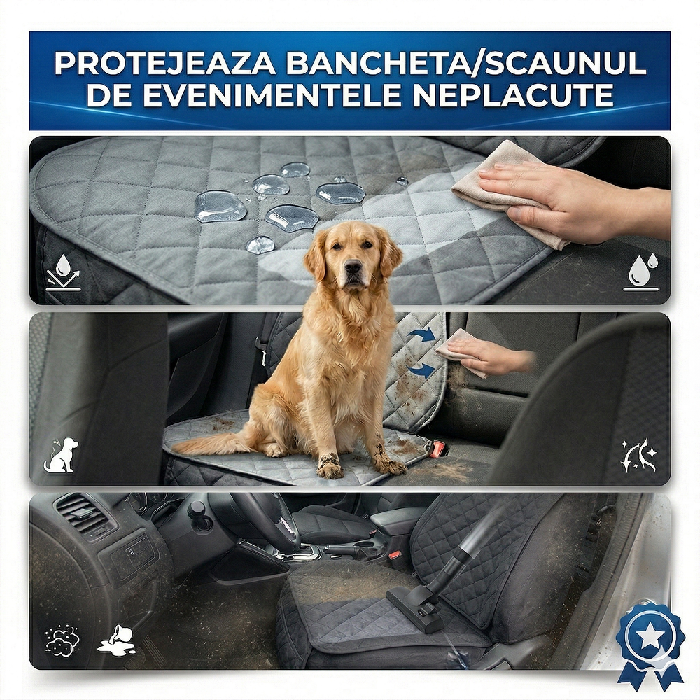Protectie scaun auto matlasata, cu buzunar organizator si husa tetiera, neagra