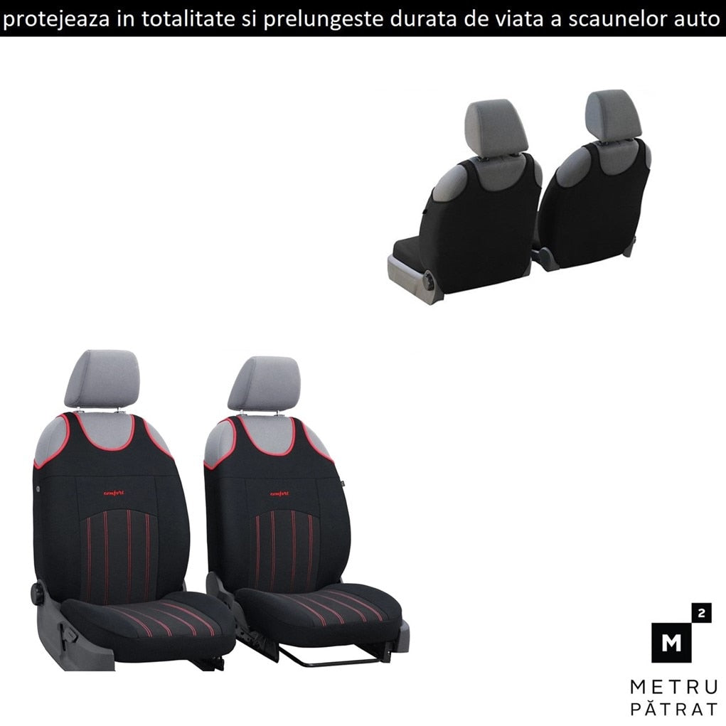 Set 2 huse auto universale tip maieu, confort, din textil tapiterie, negru-rosu