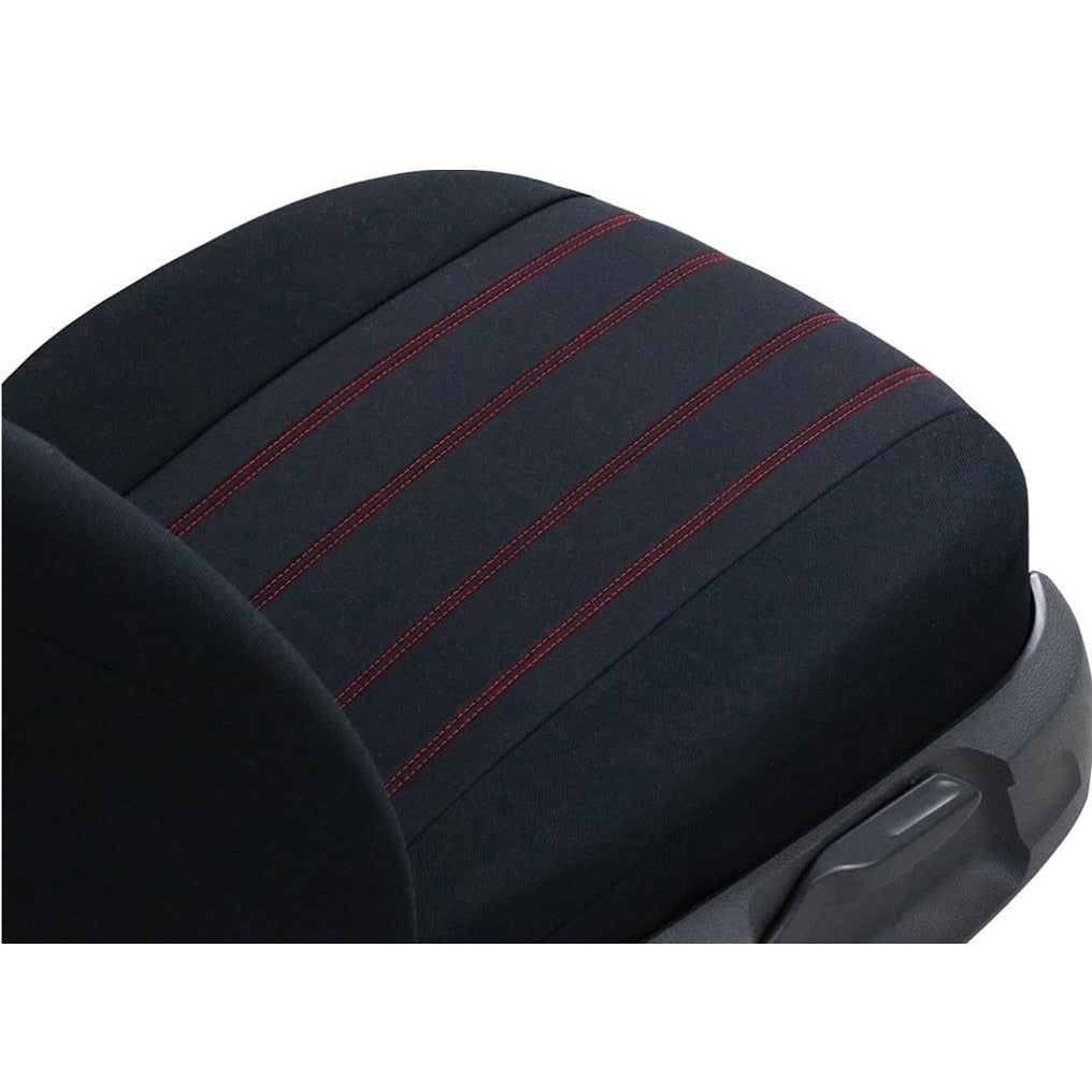 Set 2 huse auto universale tip maieu, confort, din textil tapiterie, negru-rosu