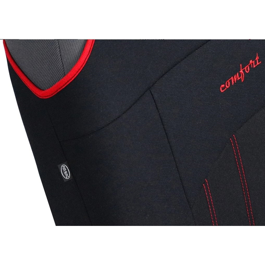 Set 2 huse auto universale tip maieu, confort, din textil tapiterie, negru-rosu