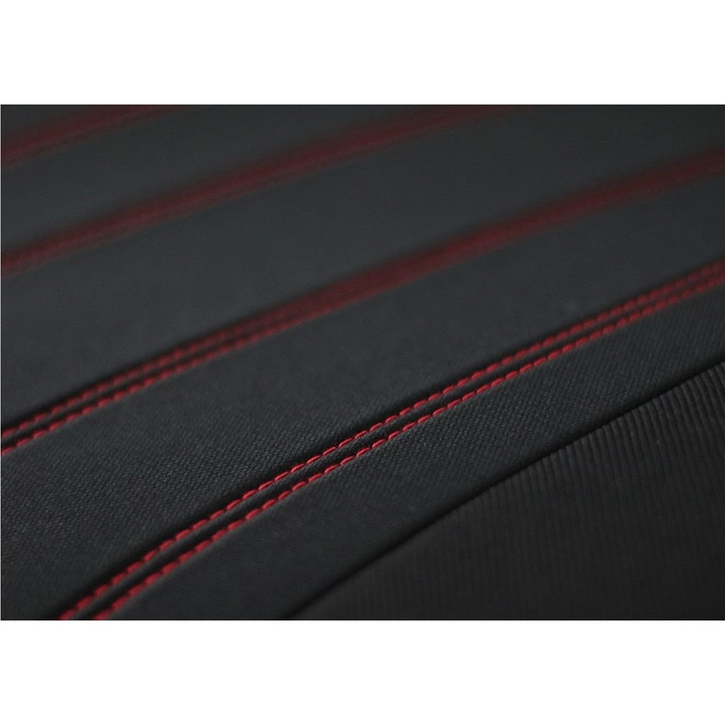 Set 2 huse auto universale tip maieu, confort, din textil tapiterie, negru-rosu