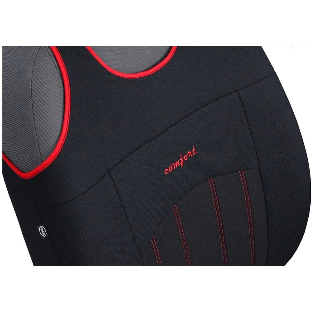 Set 2 huse auto universale tip maieu, confort, din textil tapiterie, negru-rosu