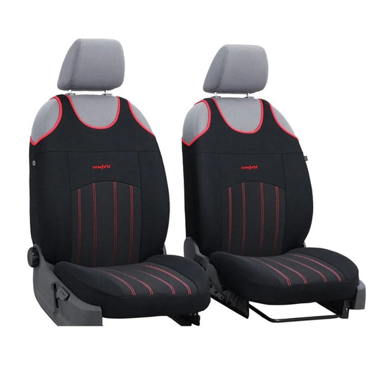 Set 2 huse auto universale tip maieu, confort, din textil tapiterie, negru-rosu