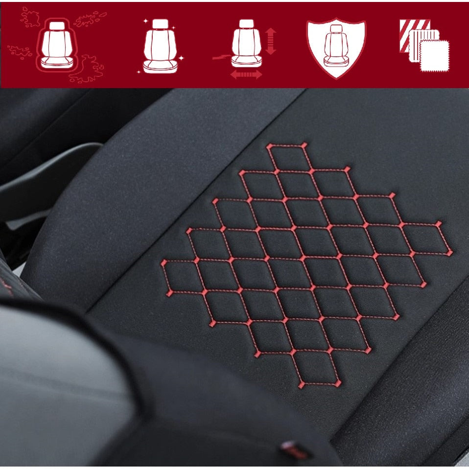 Huse auto tip maieu, din textil tapiterie, universale, Motiv romb, negru-rosu - MetruPatrat.ro