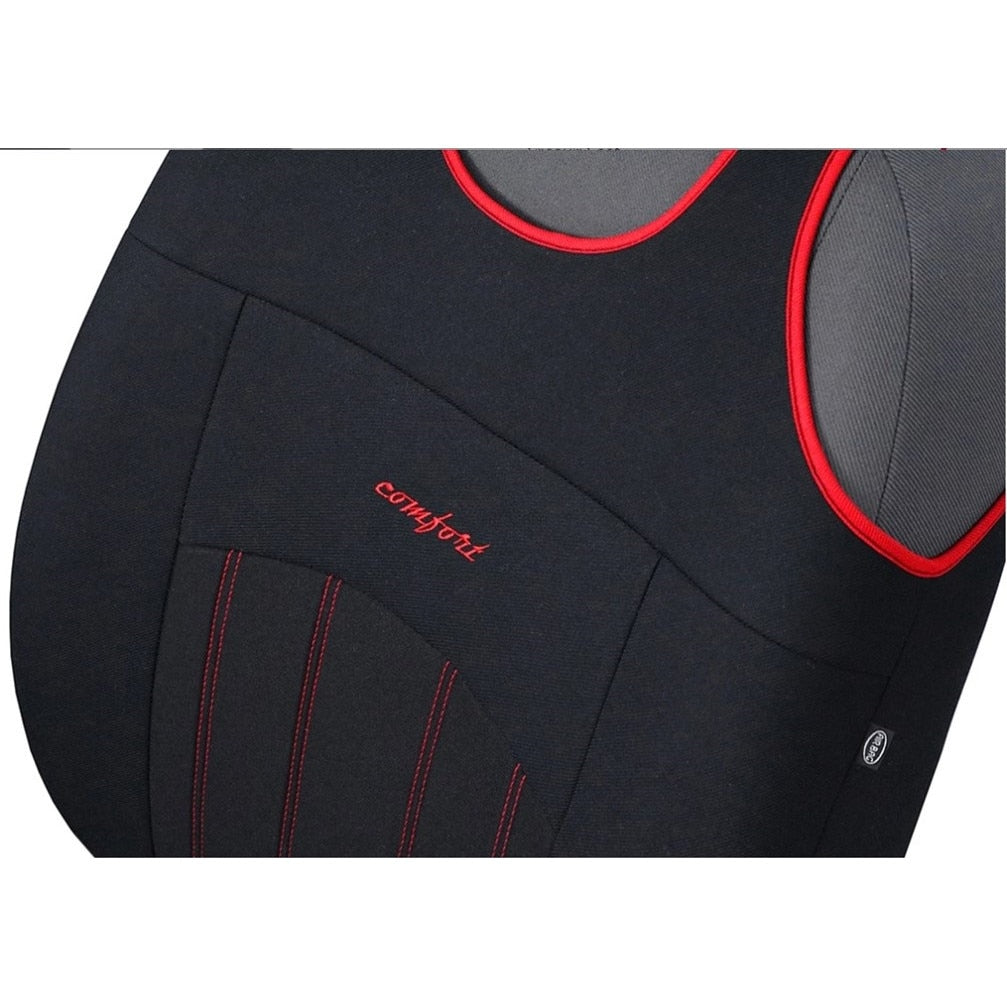 Set 2 huse auto universale tip maieu, confort, din textil tapiterie, negru-rosu