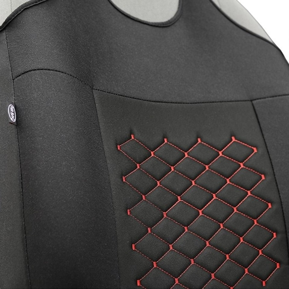Huse auto tip maieu, din textil tapiterie, universale, Motiv romb, negru-rosu - MetruPatrat.ro