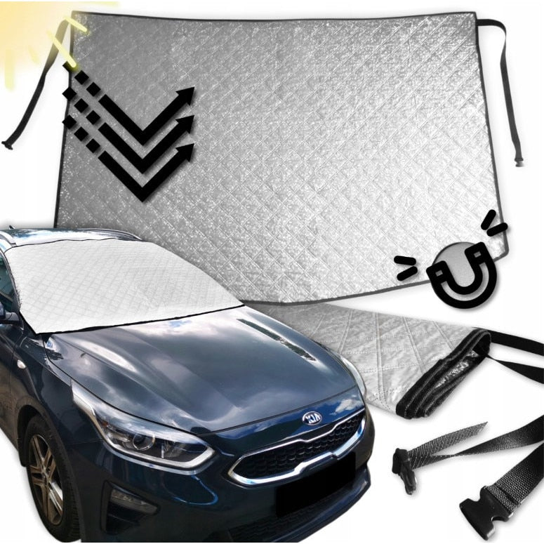 Parasolar matlasat pentru parbriz autoturism, cu izolatie vatelina pentru protectie ridicata, protectie UV, cu prindere magneti exterior si cleme in interior, 110x157 cm - MetruPatrat.ro