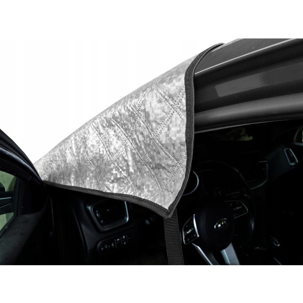 Parasolar matlasat pentru parbriz autoturism, cu izolatie vatelina pentru protectie ridicata, protectie UV, cu prindere magneti exterior si cleme in interior, 110x157 cm - MetruPatrat.ro