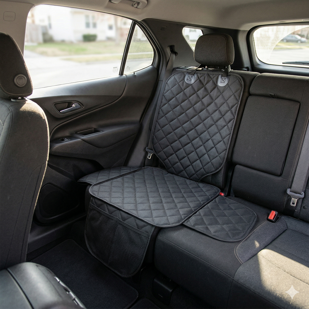 Protectie scaun auto matlasata, universala, cu protectii laterale si buzunar organizator, impermeabila, lavabila, neagra