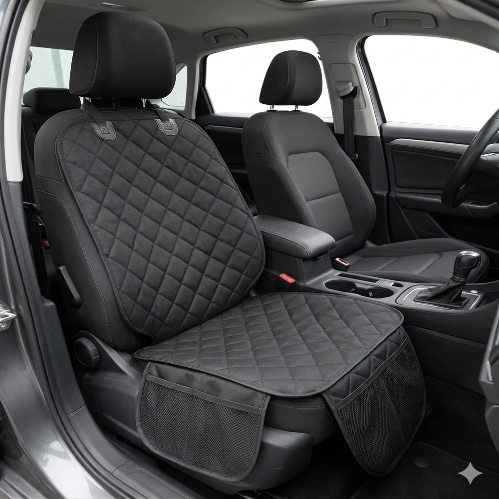 Protectie scaun auto matlasata, universala, cu protectii laterale si buzunar organizator, impermeabila, lavabila, neagra