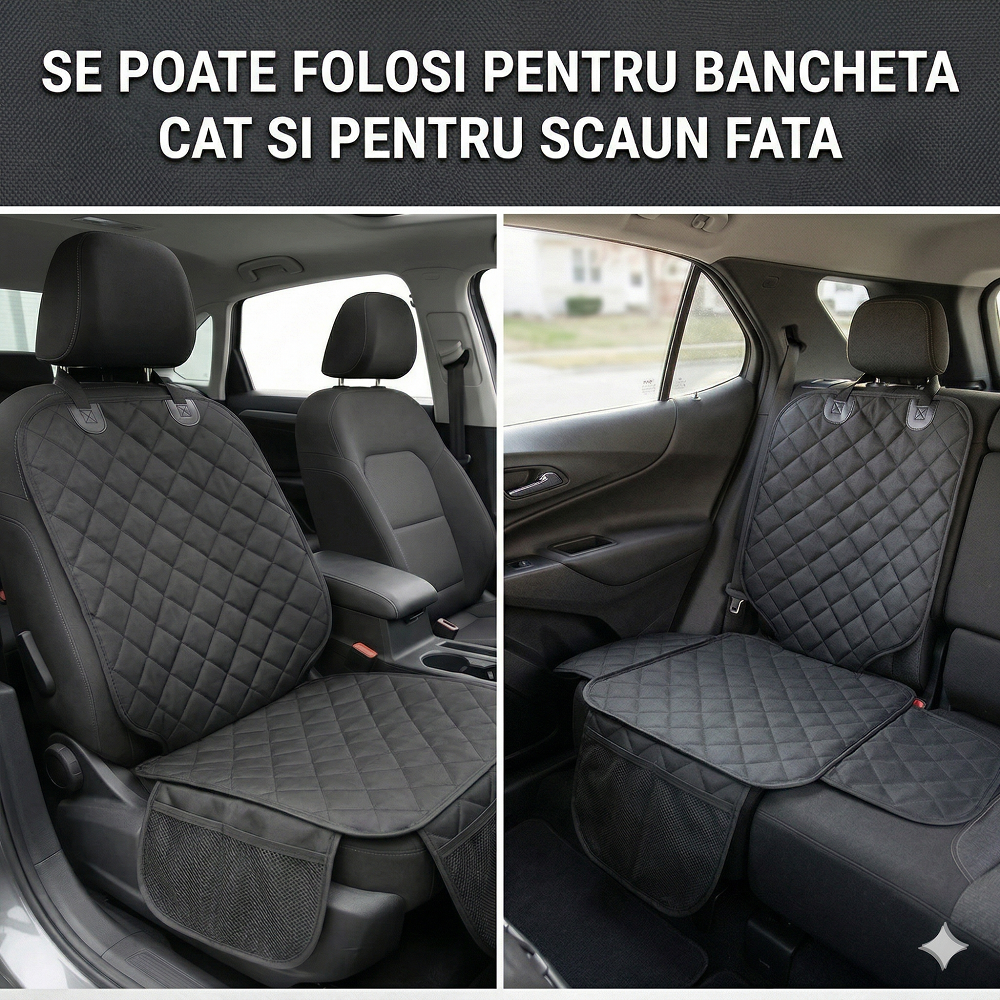 Protectie scaun auto matlasata, universala, cu protectii laterale si buzunar organizator, impermeabila, lavabila, neagra